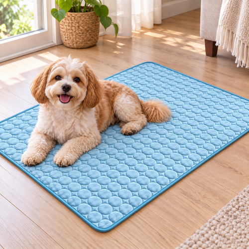 ChillRest thin pale blue textured cooling mat with dog resting on it