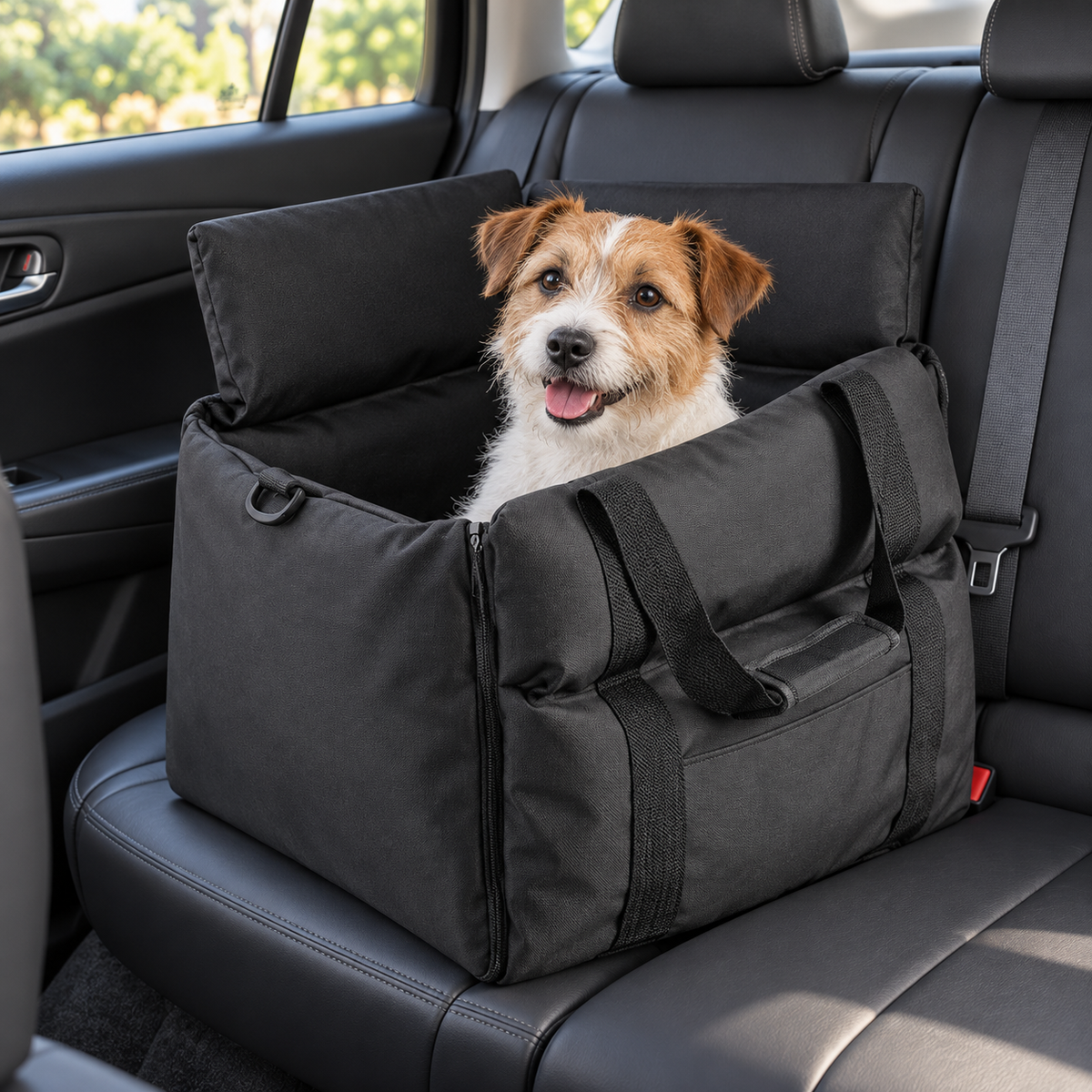 RoadRest black dog car bed with a small terrier on the rear seat of a parked car