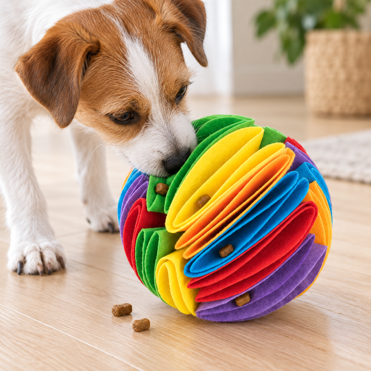 SnuffleSphere rainbow felt treat ball used by a dog